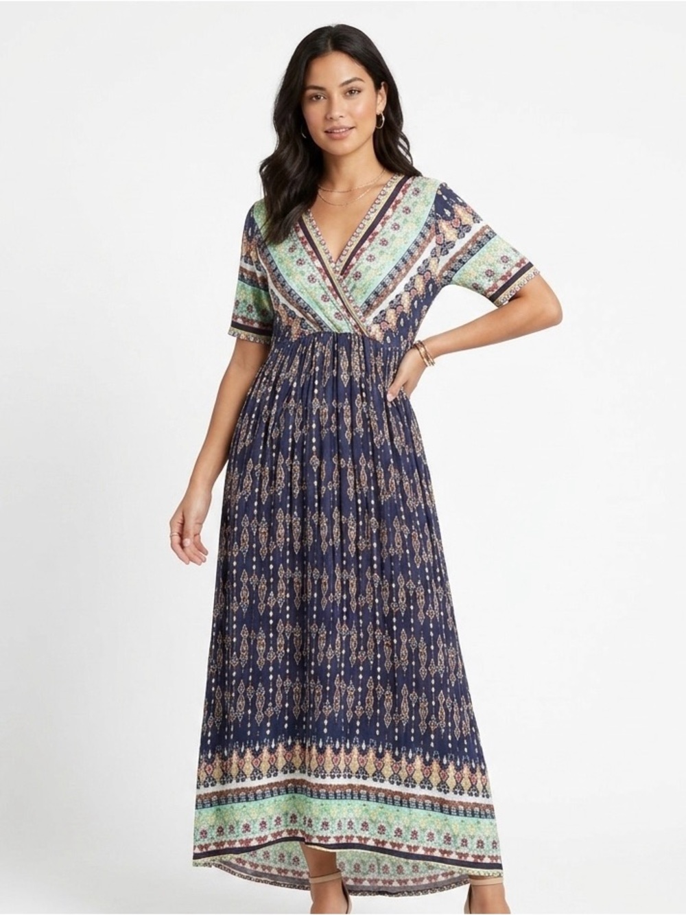 SHEIN Navy Multi Boho V-Neck Maxi Dress